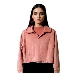 Cropped Sweatshirt Pullover Top Long Sleeve Ruffled Collar Women's Boho Sz S